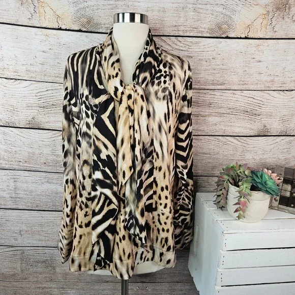 Black Label by Chico's Mixed Animal Print Tie Neck Blouse Leopard Zebra Womens L - Picture 1 of 5